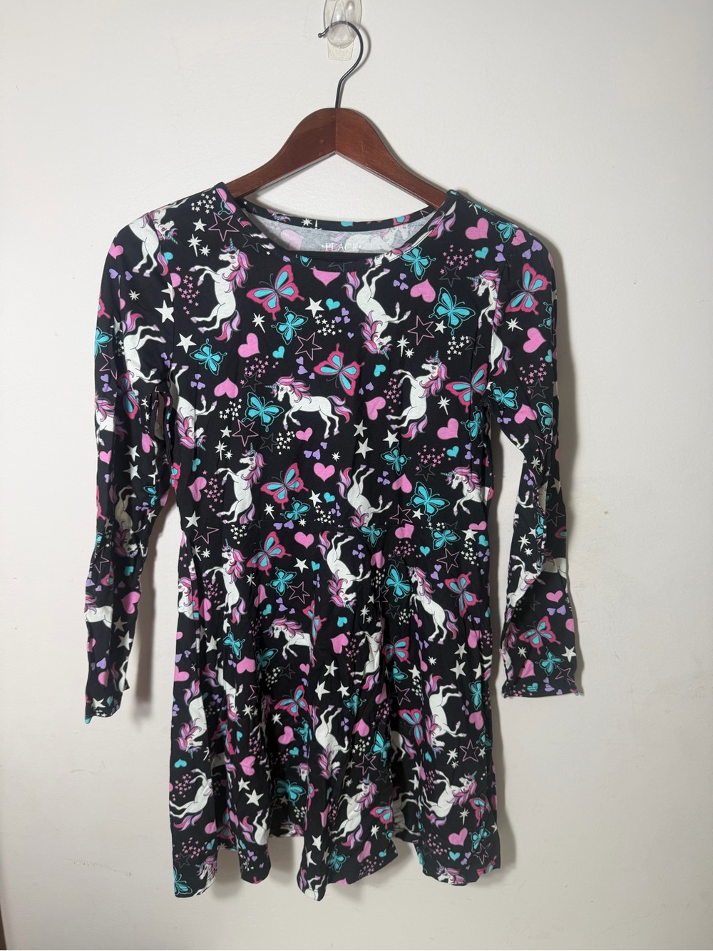 Girls Black Unicorn & Hearts Long Sleeve Dress size 16